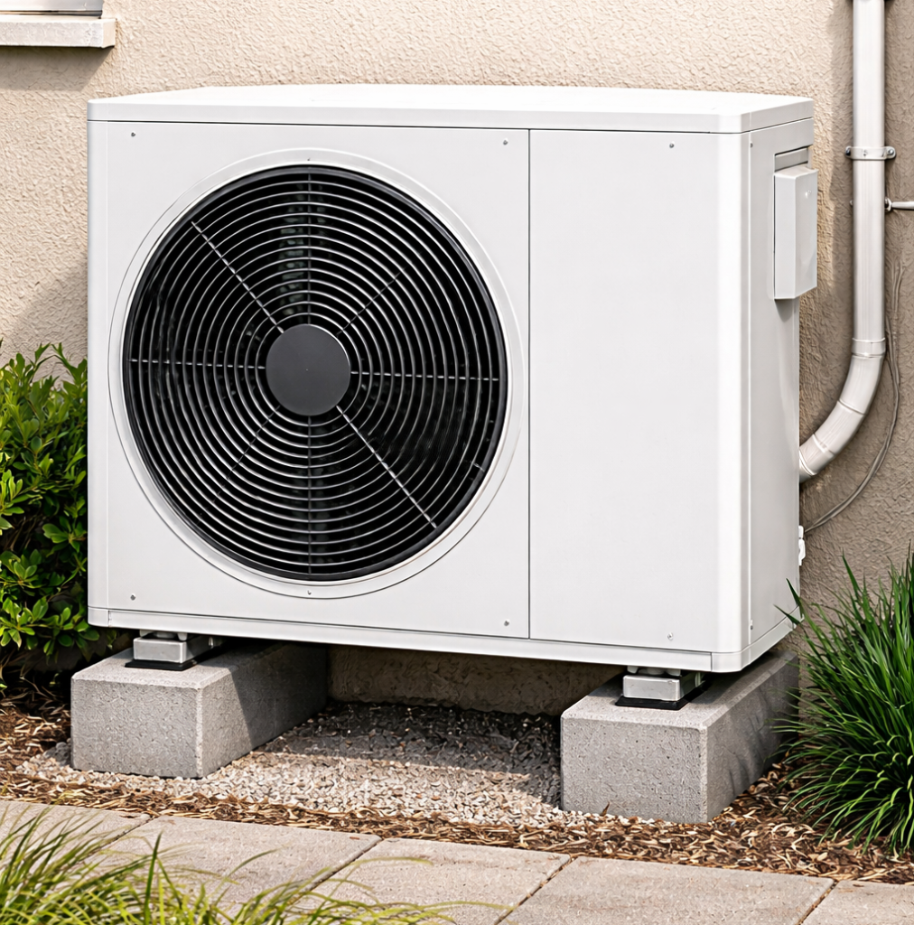 Pompe à chaleur air-eau installée à l'extérieur d'une maison contre le mur