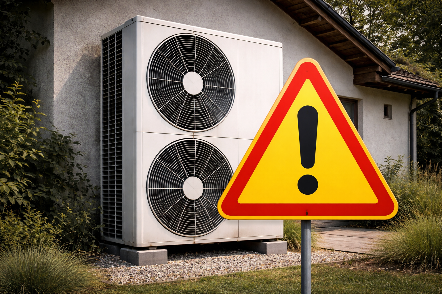 Pompe à chaleur présentant un problème, symbole attention pour marquer l'erreur